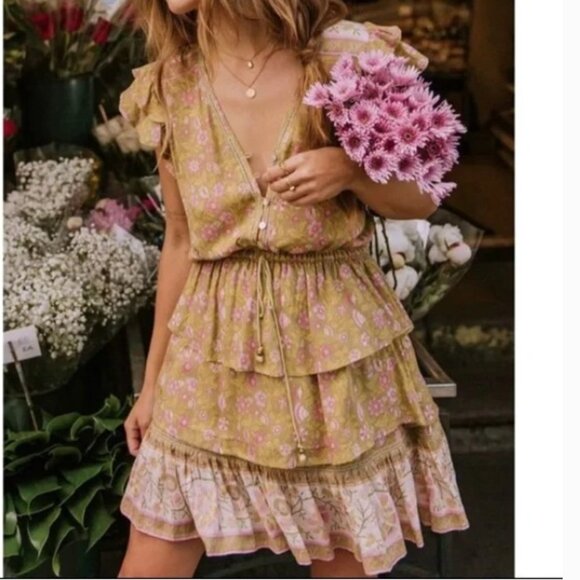 Lance Cade Green Floral Print Boho Dress Sz L NWT - Picture 1 of 13